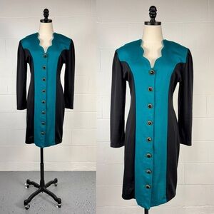 Vintage 80s Black Green Colorblock Knit Dress Sweetheart Neck Gold Gem Buttons M